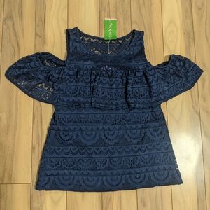 NWT! Lilly Pulitzer Lyra Top High Tide Navy Scalloped Stripe Lace Size S $98